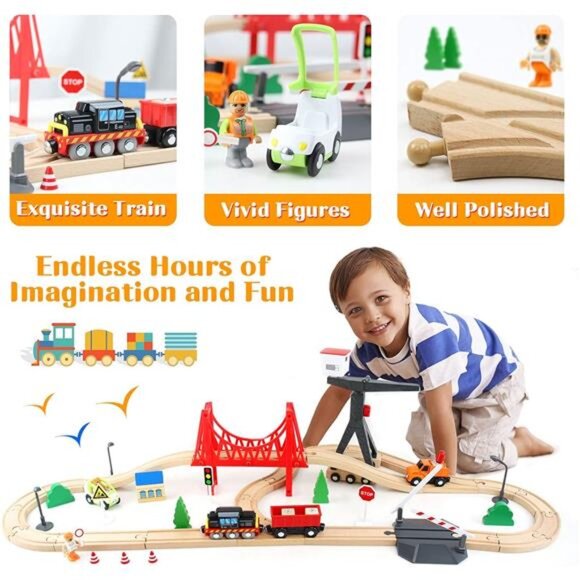 Wooden Train Set, 56-Piece Deluxe Kids Toy Train Set for 2 3 4 5 Year - Picture 2 of 7